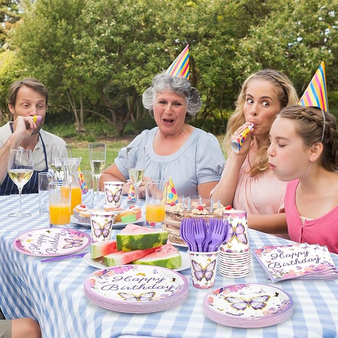 Kochorie 144 Pieces Butterfly Birthday Party Supplies Including Disposable Paper Plates Napkins Cups Forks Serves 24 for Baby Shower Girls Animal Butterfly-themed Party Decorations