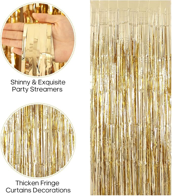 2 Pack Fringe Curtains Backdrops, Foil Fringe Curtains, Door Streamers for Birthday Wedding Bridal Shower Holiday Graduation Party Decorations, Photo Booth Backdrops, Champagne