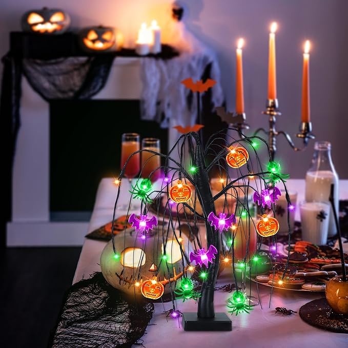 Halloween Table Decor 18 Inch 36 LED Halloween Willow Tree with Pumpkin Bat Spider Lights, Timer/USB/Battery Operated Black Halloween Tree Spooky Halloween Decorations Indoor for Home Party Room Gifts