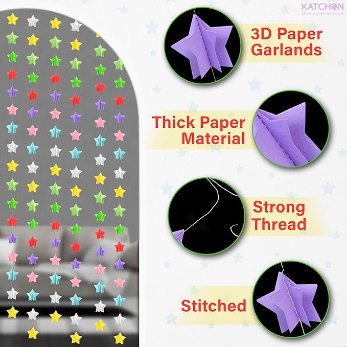 KatchOn, Multicolor Star Garland – Pack of 6 | Rainbow Garland for Classroom Decorations | Happy Birthday Decorations for Girls & Boys | Hanging Decor | Unicorn Party, Back to School Decorations