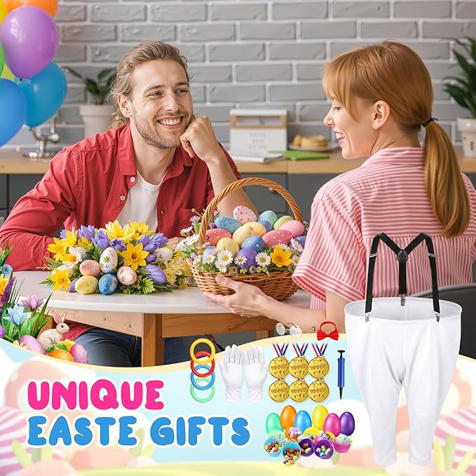 Vinsot 16 Pcs Easter Granny Pants Yard Game Set Oversized Granny Pants with Colorful Easter Eggs, Bowtie, Bunny Ears and Tail, Outdoor Tossing Game Bunny Suit for Spring