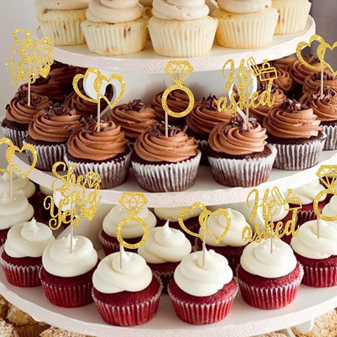 BEISHIDA He Asked She Said Yes Cupcake Toppers, 24 Pcs Engagement Cupcake Toppers Glitter Diamond Ring Heart Cupcake Picks for Wedding Engagement Bridal Shower Party Cake Decorations(Gold)