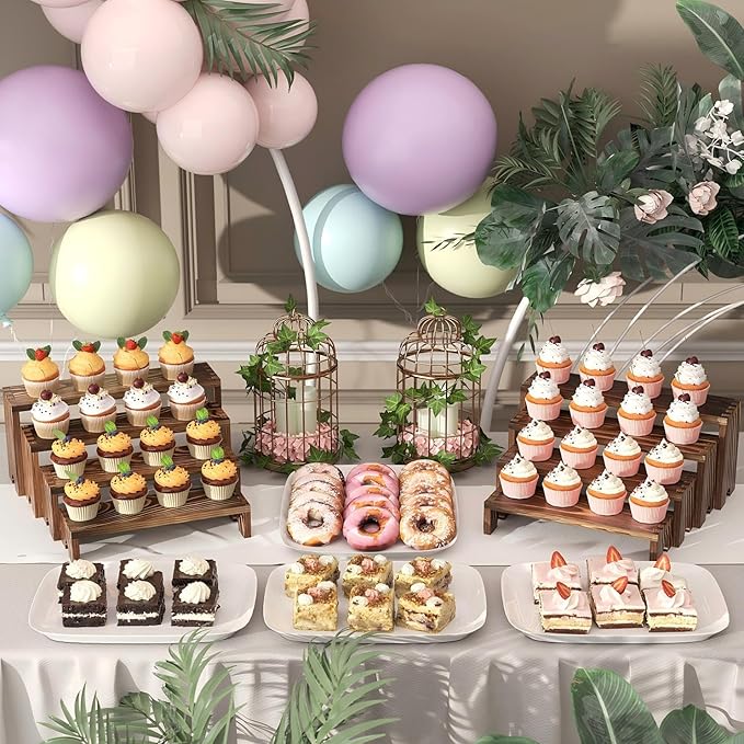4 Set Wooden Tiered Riser Display Stands for Vendor Events,Stackable Wooden Cupcake Display Stand,Dessert Table Display Set Risers for Decor,Vendor Booth Display Items,Food Display Risers for Party（12-11.2-10.4-9.6IN）