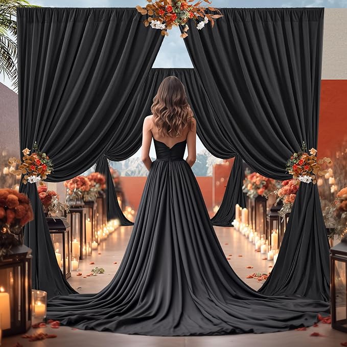 16x10FT Black Backdrop Curtains for Wedding Parties, Wrinkle Free Polyester Photography Backdrop Drapes for Wedding Baby Shower Birthday Parties Stage Background Stand Decorations 4x10ft, 4 Panels