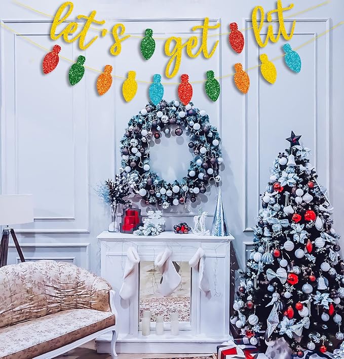 JOZON Gold Glittery Let's Get Lit Banner and and Colorful Glittery Christmas Lightbulb Themed Banner Christmas Garland Signs Christmas Holiday Party Supplies for Mantle Fireplace Wall