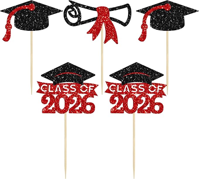 Gyufise 24Pcs 2026 Graduation Theme Cupcake Toppers Glitter Diploma Graduation Cap Cupcake Picks Class of 2026 Cake Decorations for 2026 Grad Theme Party Supplies Black Red
