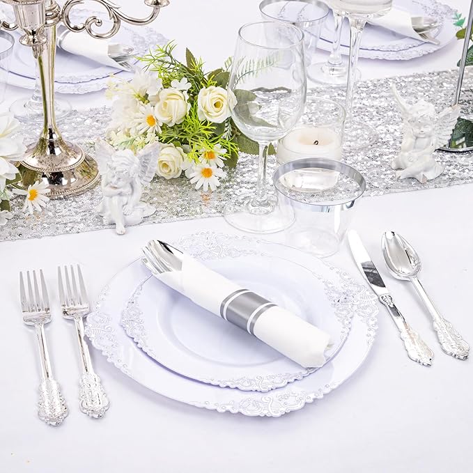 Liacere 350PCS Silver Plastic Plates&Pre Rolled Napkins for 50 Guests - Plastic Dinnerware Sets 100Silver Disposable Plates, 150Silver Silverware, 50Cups and 50Napkins for Christmas