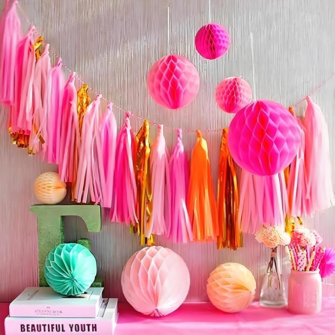 Hot Pink Orange and Pink Tassel Garland Banner - Handmade Paper Tassels for Party Decorations, Wedding Backdrop, DIY Craft Projects (30-Pack)
