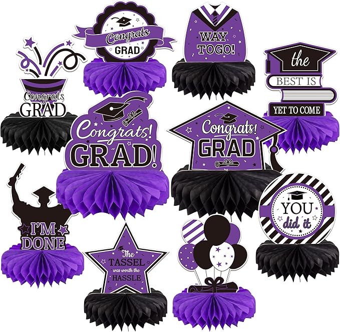 10PCS Graduation Decorations Class of 2025 Centerpieces, Congrats Grad Honeycomb Table Toppers for Graduation Party Favors, 2026 Graduation Party Decorations (10PCS, Purple & Black)