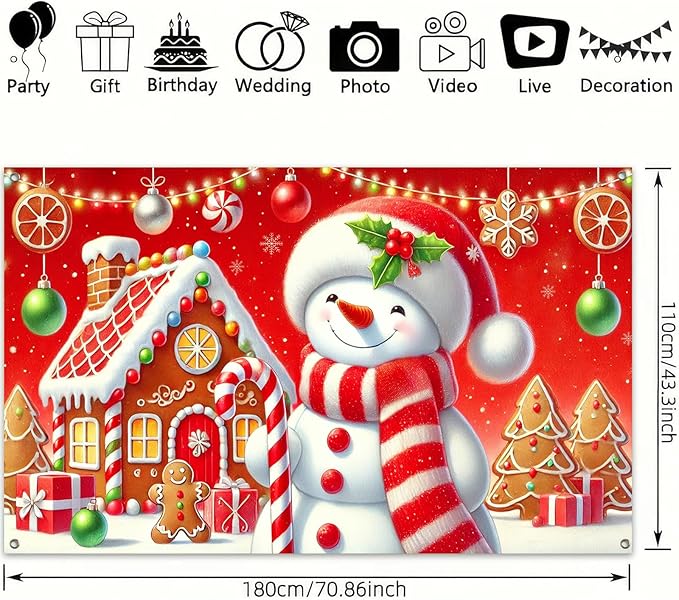 Christmas Snowman Gingerbread House Banner 70.9 x 43.3 Inch Red Holiday Backdrop with Candy Canes and Presents for Kids Xmas Party Decoration Indoor Outdoor