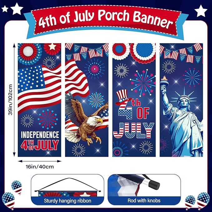 Panelee 4 Pcs 4th of July Decorations Patriotic American Flag Eagle Porch Banner Independence Day Hanging Banner Porch Signs for Independence Memorial Veterans Day Wall Indoor Outdoor Decor(Patriotic)