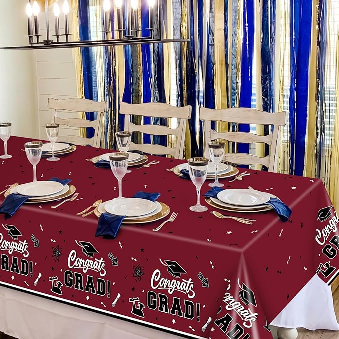 2-Piece 54 x 108 Inch Graduation Plastic Tablecloth – Graduation Disposable Rectangle Table Covers with “Congrats Grad” Design for Class of 2026 Party, School and Home Decorations