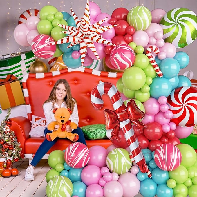 Christmas Balloon Garland Arch Kit, 121Pcs Pastel Green Pink Teal Blue Red Sand Tie Dye Balloons with Large Cane Candy Windmill Star Foil Balloon for Xmas Merry Christmas Party New Year Decorations