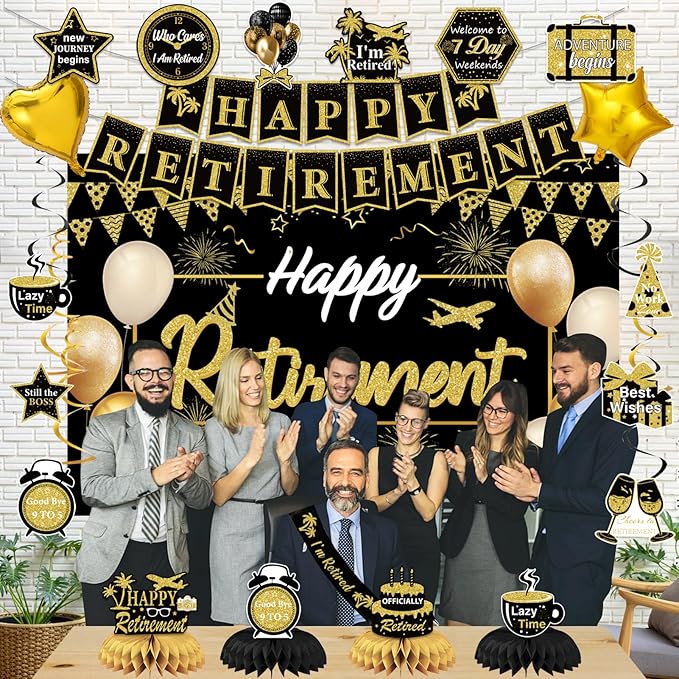 Retirement Party Decorations, Black Gold Happy Retirement Decorations Supplies - Banner Backdrop, Decorations Stickers, Retired Sash, Hanging Swirls, Foil Balloons, Honeycomb Centerpieces