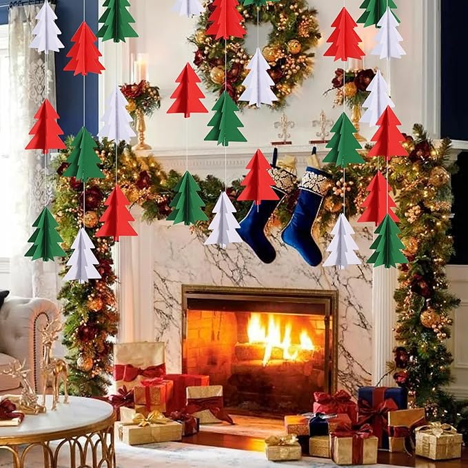 BEISHIDA Red White Green Christmas Decorations, 2 Pcs 3D Christmas Tree Paper Garland Xmas Hanging Streamer Party Decorations for Home Office Classroom Baby Shower Party Supplies