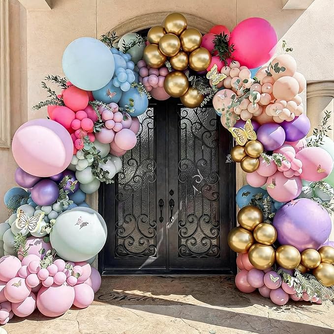 Pink Blue Green Balloons Garland Arch Kit, 125Pcs Pastel Pink Blue Purple Balloons, Dusty Green Hot Pink Gold Balloon Checkered Foil Balloon for Princess Fairy Birthday Spring Garden Tea Party Decor