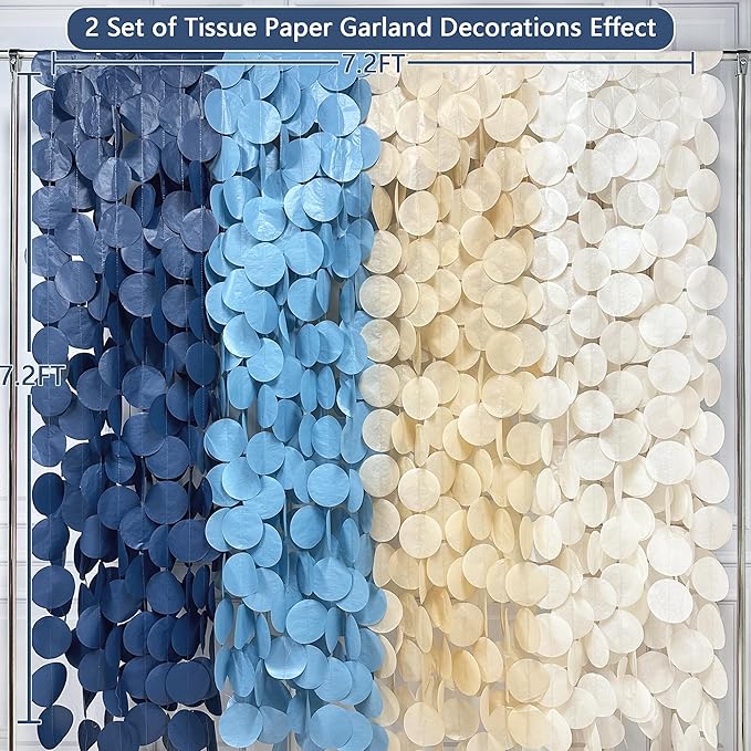 205 Ft Dusty Blue Party Decorations Navy Blue Khaki Beige Circle Dot Backdrop Garland Tissue Paper Polka Dots Hanging Streamer for Baby Shower Birthday Graduation Wedding Bachelor Nautical Party