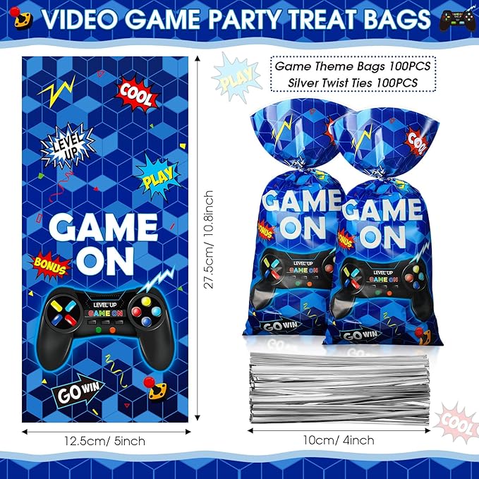 Pajean 100pcs Video Game Plastic Loot Bags Game on Favor Goody Candy Treat Bags for Themed Birthday Party(Blue)