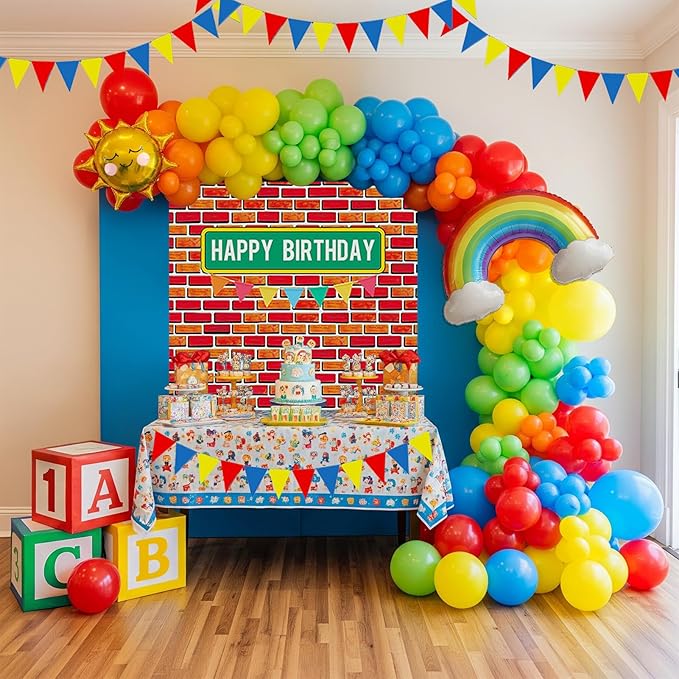 Sesame Friends party decorations Kit with cartoon Theme primary color Balloon and ABC123 Box brick wall birthday backdrop for kid birthday Kindergarten pre k back to school supplies