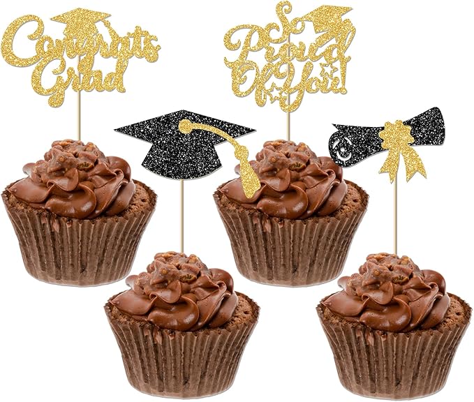 24Pcs Black Gold Graduation Cupcake Toppers 2026, Glitter Grad Cap Diploma Congrats Grad We Are So Proud of You Cupcake Toppers for Class of 2026 Graduation Party Decorations.