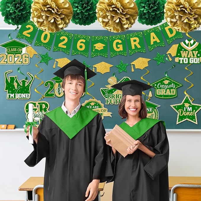 Green and Gold Graduation Decorations, 2026 Grad Banner and Congrats Grad Hanging Swirls, Green and Gold Graduation Banner Graduations Hanging Swirl College Graduations Party Decorations Class of 2026