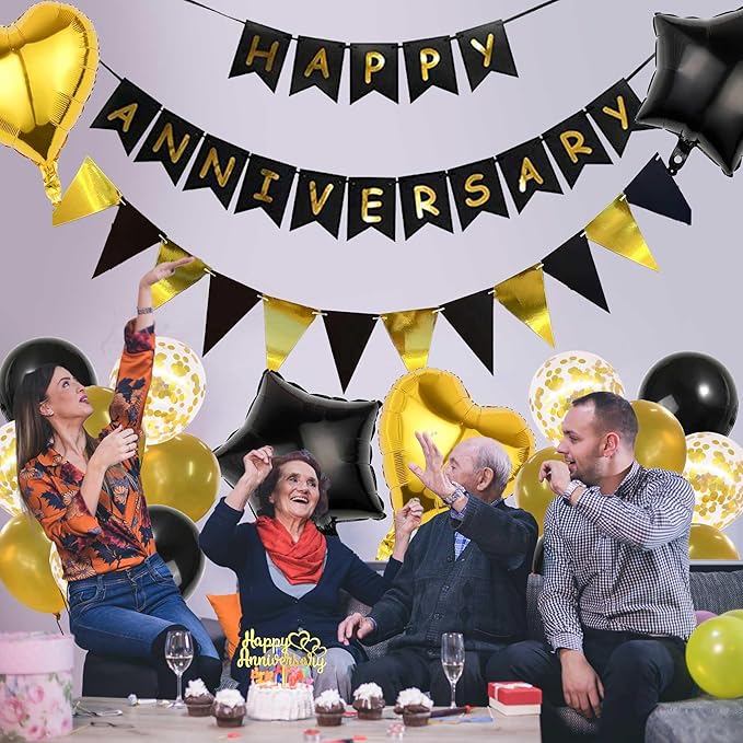 Happy Anniversary Decorations Kit - 26 Pcs Black Gold Birthday Banner Supplies Cake Topper Foil Latex Ballons Glitter Shoulder Strap Decor for Men and Women Wedding Party Decoration