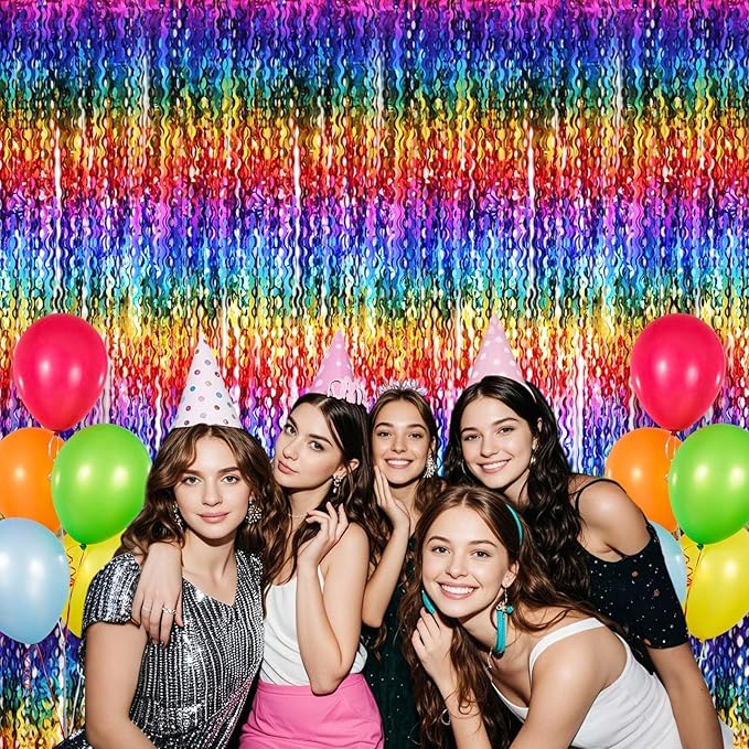2 Pack Colorful Wavy Foil Fringe Curtain Backdrop, 3.3 X 6.6 Ft Rainbow Wavy Fringe Curtains, Colorful Streamer Shiny Metallic Tinsel Iridescent Streamers for Birthday Party Streamers Photo Booth
