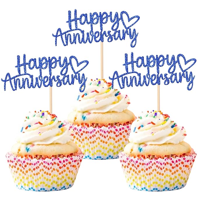 24 PCS Happy Anniversary Cupcake Toppers Glitter Wedding Anniversary Cupcake Picks Happy Anniversary Cupcake Decorations Baby Shower Birthday Wedding Anniversary Party Cake Decorations Supplies Blue