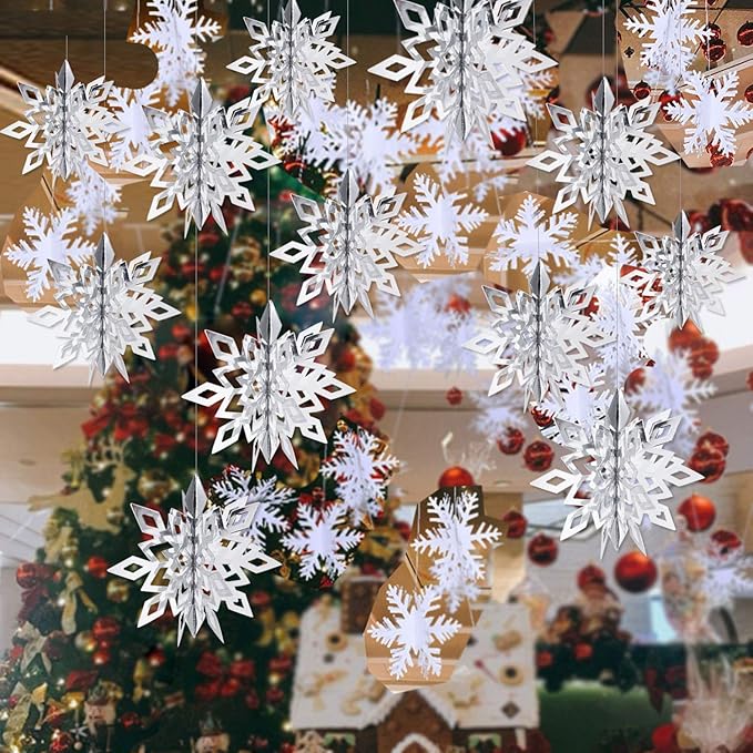 OuMuaMua Winter Christmas Hanging Decorations, 12PCS 3D Large Silver Snowflakes & 12PCS White Paper Snowflakes Hanging Garland for Christmas Winter Wonderland Holiday New Year Party Home