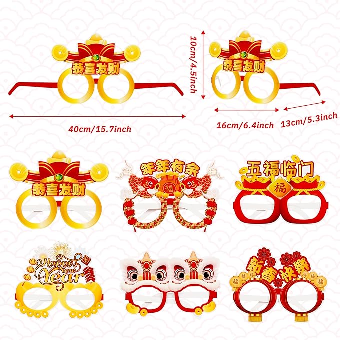 YVAINE 24pcs Chinese New Year Photo Props Party Supplies, 2026 Lunar New Year Crown Hats and Paper Eyeglasses for Year of The Horse 2026 Spring Festival Party Supplies