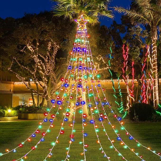 Christmas Decoration Lights, Outdoor Christmas String Lights 320 LED 11.5 Ft Waterfall Tree Light with Big Star Topper 8 Light Modes for Xmas New Year Holiday Garden Yard Indoor Outdoor Decor