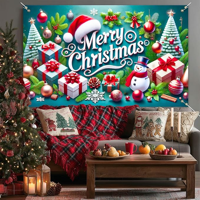 Christmas Banner Merry Christmas Snowman Gift Tree Backdrop Green Red White Holiday Wall Decoration Party Photo Prop Indoor Outdoor Scene for Home Office 71 X 43 Inches