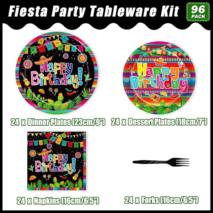 96 Pcs Mexican Birthday Party Plates, Fiesta Party Decorations Supplies Cinco De Mayo Carnival Birthday Disposable Paper Plates Napkins Colorful Stripe Serape Baby Shower Tableware, Serves 24