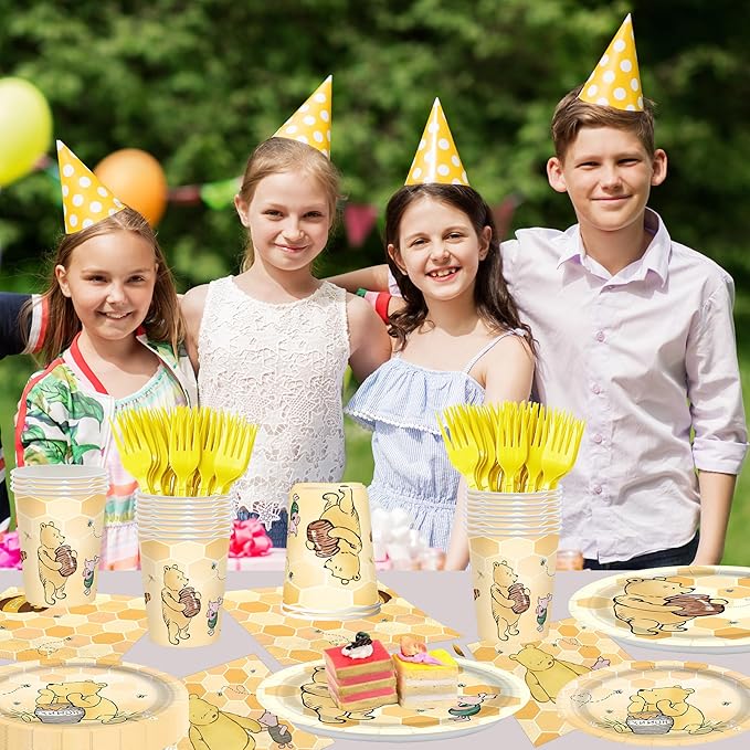 120pcs Winnie Plates and Napkins Classic Bear Baby Shower Disposable Cups Yellow Forks Paper Tableware Set Good for Baby Shower Decorations Serves 24 Guests