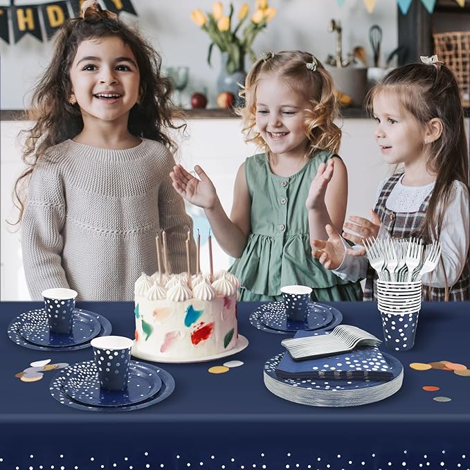 Serve 25 Guests Navy Blue Plates and Napkins Party Supplies,Blue and Silver Birthday Plates Napkins Cups Tablecloth Disposable