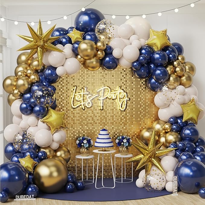 Navy Blue Gold Sand white Balloon Garland Arch Kit, Royal Blue White Metallic Gold Confetti Mixed Sizes Balloons for Anniversary Baby Shower Wedding Birthday Party Decorations