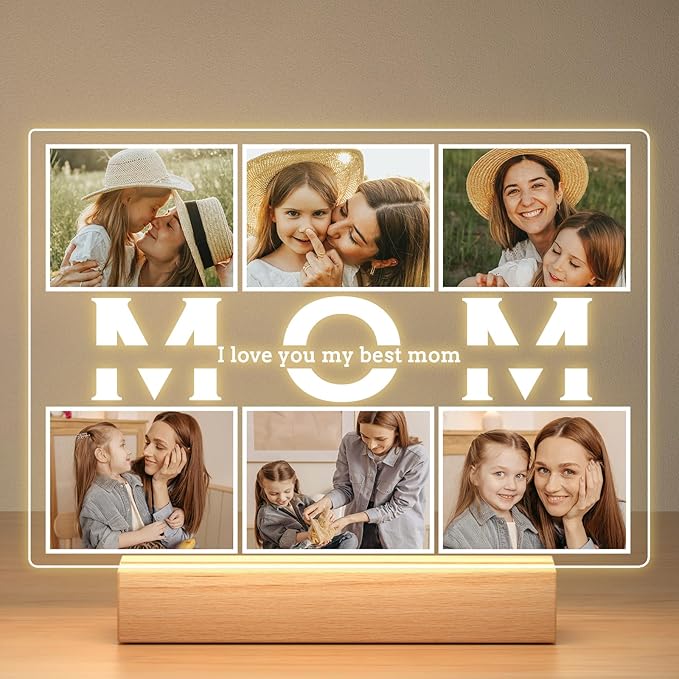 Custom Picture Frames with Photo, Personalized Photo Frame with Night Light, Customized Picture Frames, Customized Birthday Gifts for Mom, Personalized Mothers Day Gifts for Mom Baby Kid Family