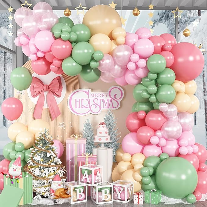Nutcracker Christmas Fairy Balloon Garland Arch Kit, Sage Green and Pink Balloon, Green White Blush Pink Latex Balloons for Christmas Candyland Easter Floral Wedding Birthday Party Decor