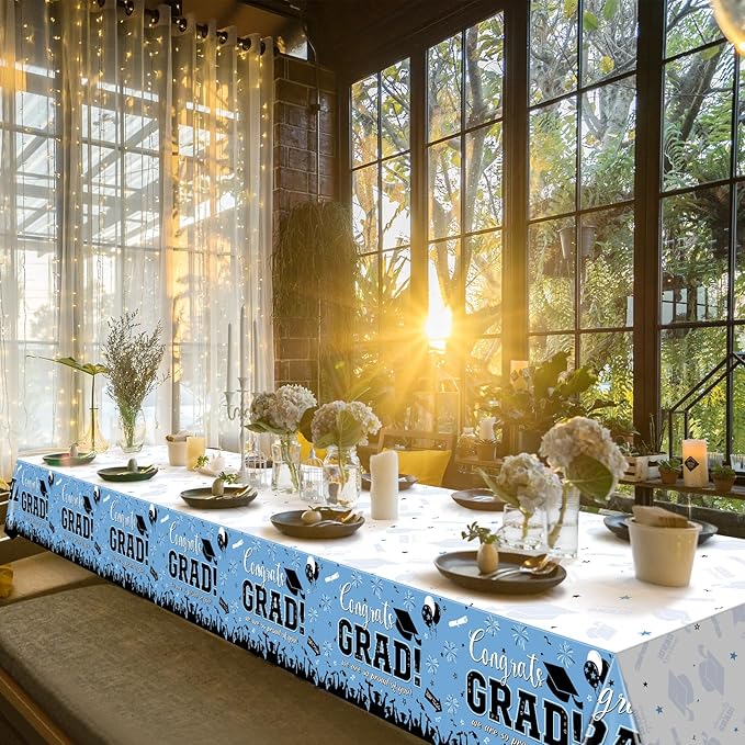 6 Pack Graduation Tablecloth Party Decorations, Class 2026 Congrats Grad Plastic Tablecover Party Supplies, Light Blue Rectangle Graduation Table Decorations for College High School Party, 54x108 Inch