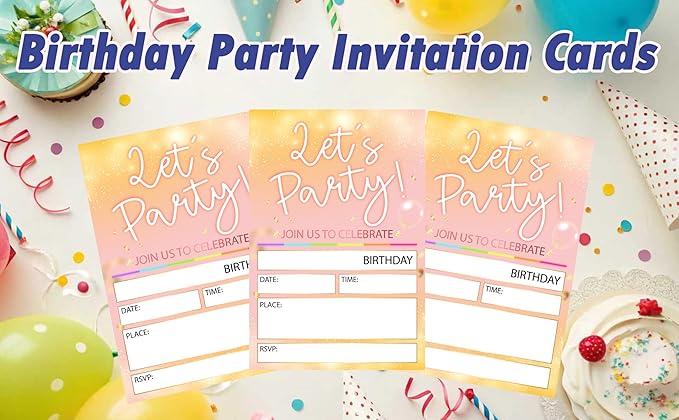 CLIRBE Let's Party Birthday Party Invitations, Pink And Rose Invited Birthday Invitations For Teen Boys Girls, 20 Invites Cards With 20 Envelopes, Party Supplies Favors -H14