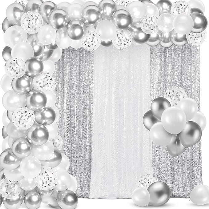 137 Pcs White Silver Party Backdrop Kits - 4 Sequin Backdrop Curtain 133 Balloon Garland Kit Photo Prop Background for Graduation Wedding Anniversary Wonderland Birthday Baby Shower
