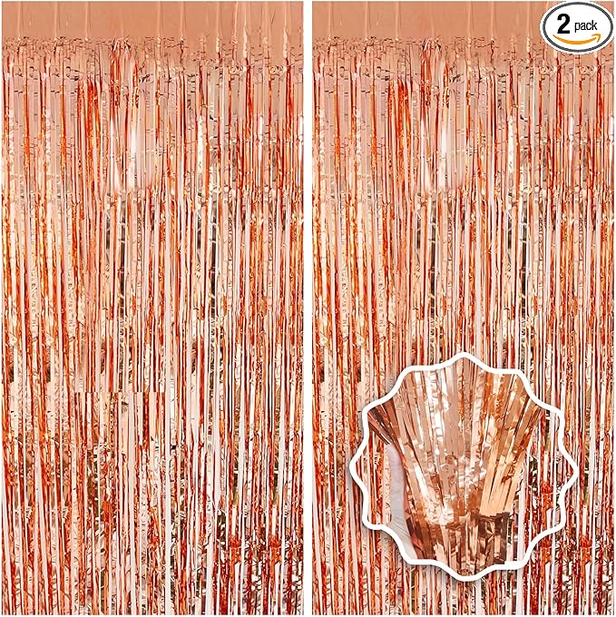 Rose Gold Birthday Party Decorations Foil Fringe Backdrop Curtain 2 Pack 3.3x8.2 Ft, Rose Gold Streamers Happy Birthday Banner Backdrop Arch Decor for Sweet 16 Women Girl Baby Shower Bridal Shower
