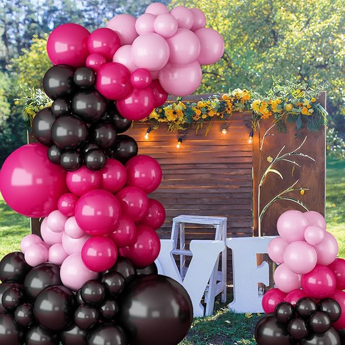 Hot Pink Black Balloon Garland Arch Kit,Rose Red Black and Pink Latex Balloons for Baby Shower Wedding Birthday Graduation Anniversary Bachelorette Party Background Decorations