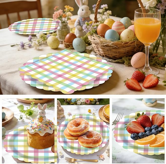 50PCS Easter Gingham Party Supplies - 7Inch Colorful Buffalo Plaid Scalloped Paper Plates and Napkins Set Disposable Dinner Cutlery for Easter Baby Shower Birthday Party, Serve 25