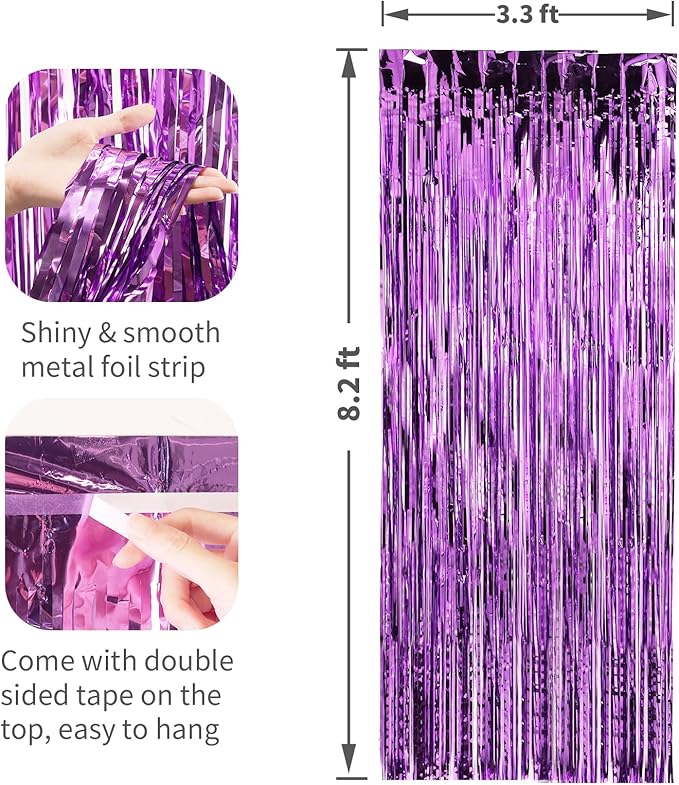 4 Pack Purple Foil Fringe Curtains Door Streamers Party Decorations 3.3 x 8.2 ft, Tinsel Curtain Fringe Backdrop for Parties, Door Fringe Birthday Streamers, Photo Booth Backdrops, Party Decor