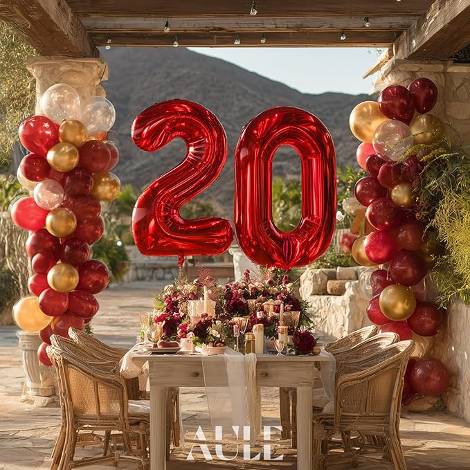 AULE 40 Inch Big Red Foil 20 Number Balloons for Women Large 20th Happy Birthday Decorations Giant Huge Helium Mylar Anniversary Party Décor