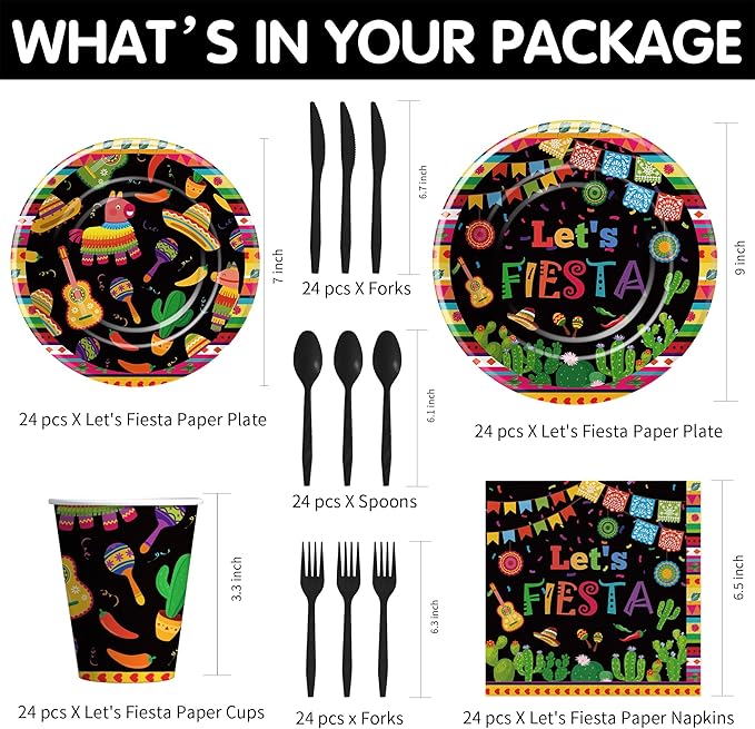 Mexican Fiesta Party Decorations Tableware - Fiesta Party Supplies, Plate, Cup, Napkin, Disposable Cutlery, Mexican Cinco De Mayo Decorations Dinnerware For Birthday Baby Shower | Serve 24