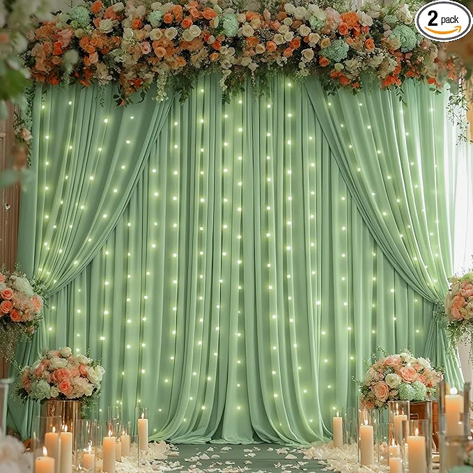 Sage Green Backdrop Curtains with Lights,10x10FT Wrinkle Free Photo Curtains Backdrop Drapes Fabric for Baby Shower Birthday Ceremony Reception Home Party Decorations-5ft x 10ft,2 Panels