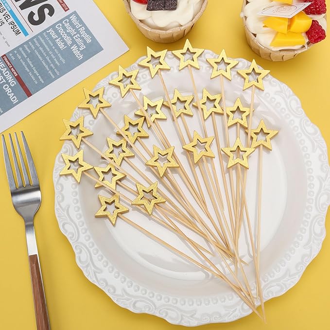 100 Pcs Gold Star Toothpicks, 4.72 Inch Gold Star Cocktail Picks for Appetizers, Long Bamboo Toothpicks, Decorative Toothpicks Skewers for Holiday Birthday Party Decorations (Gold Star)