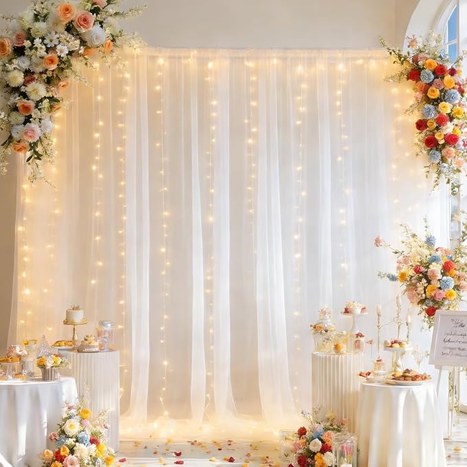 Ivory Tulle Backdrop Curtain with Lights Strings, Elegant Sheer Photo Backdrop Drapes 2 Panels, Soft Fabric Curtain for Weddings Brithday Baby Shower Parties Photography Background Decor,10ftx8ft